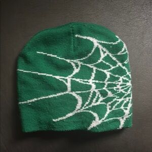 Green Beanie with White Web Design
